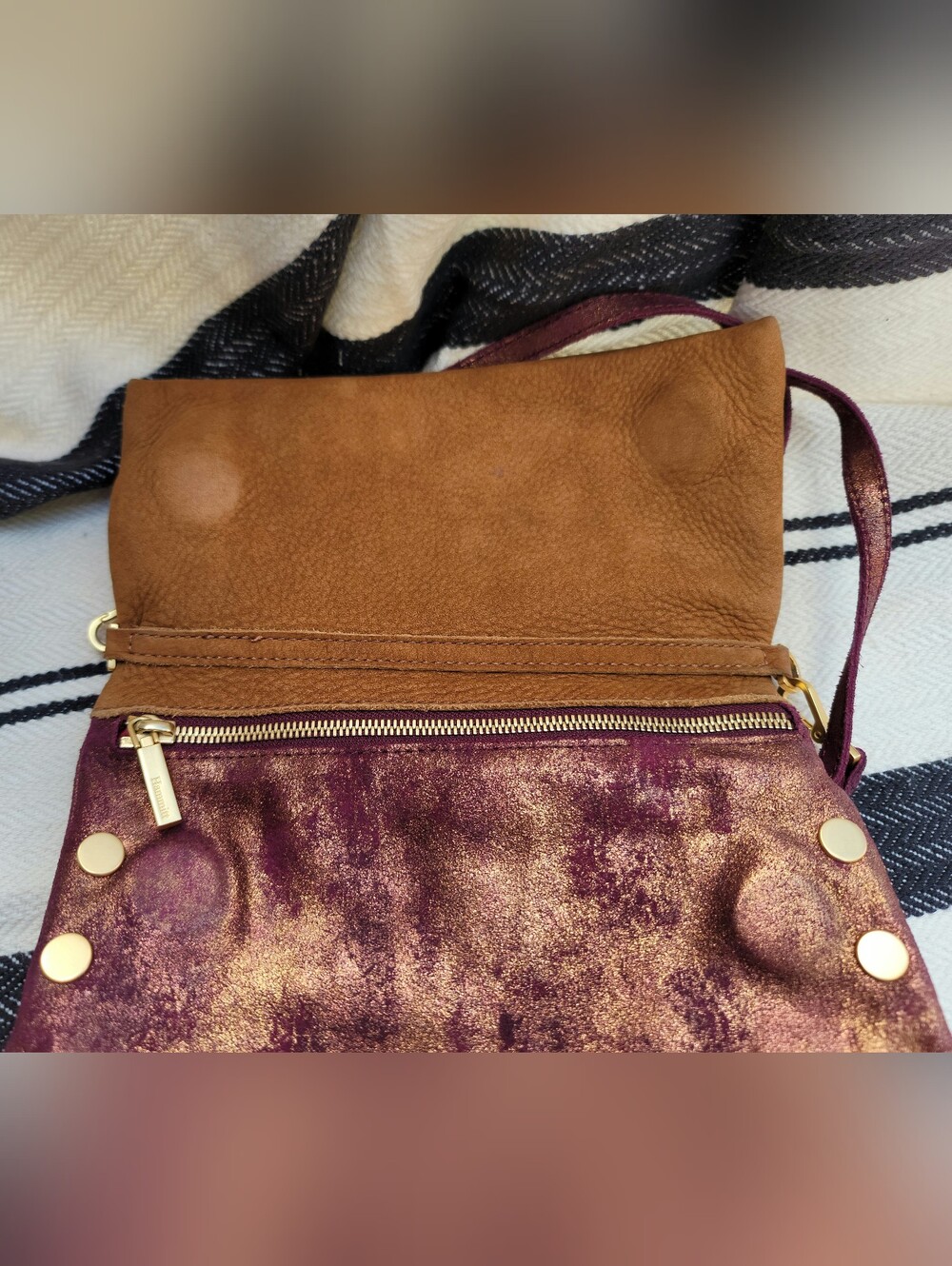 Hammit Leather Fold-Over Crossbody Bag in Brown and Plum with Gold Accents - Picture 10 of 15